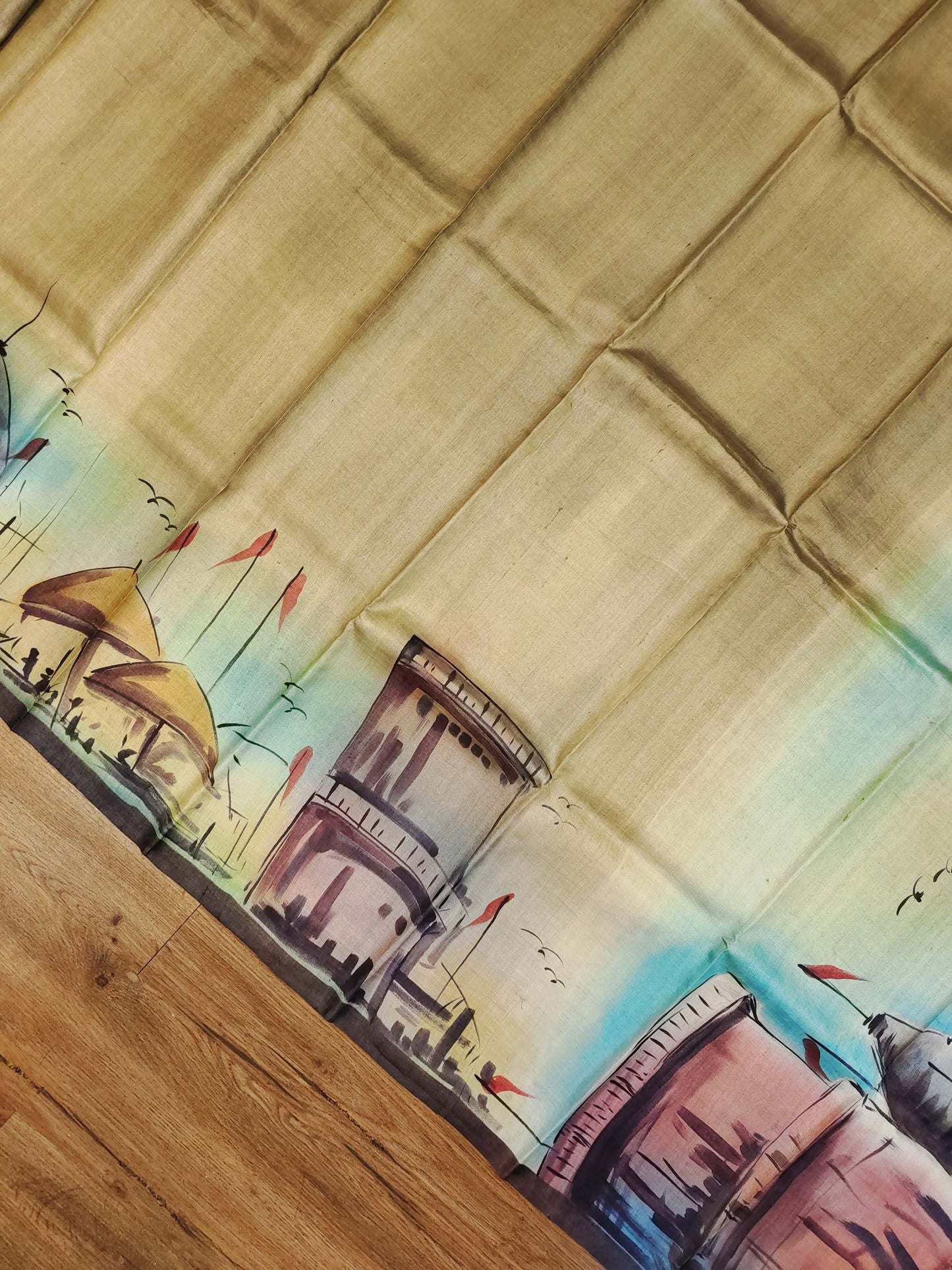 Hand Painted Banaras Ghat Pure Tussar Silk Saree