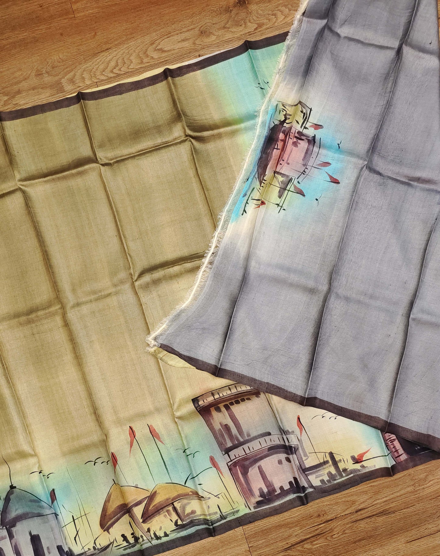 Hand Painted Banaras Ghat Pure Tussar Silk Saree