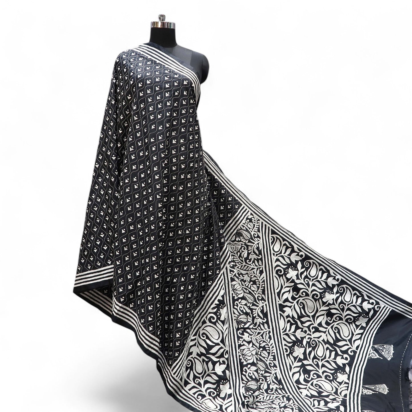 Black & White Kantha Hand-Embroidered Saree