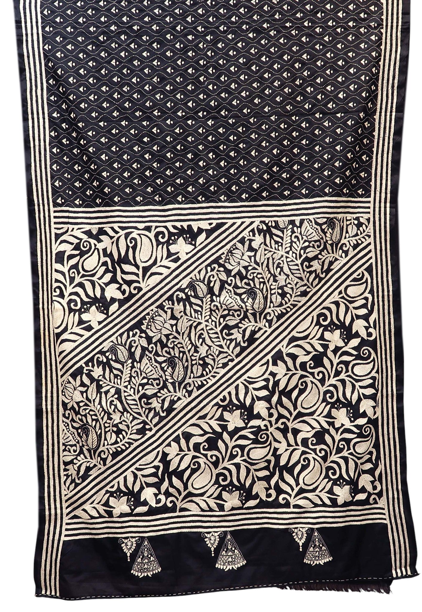 Black & White Kantha Hand-Embroidered Saree