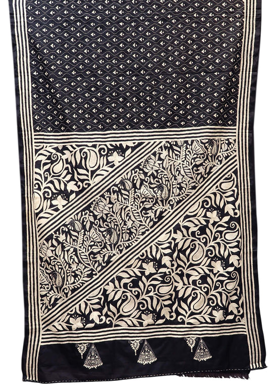 Black & White Kantha Hand-Embroidered Saree