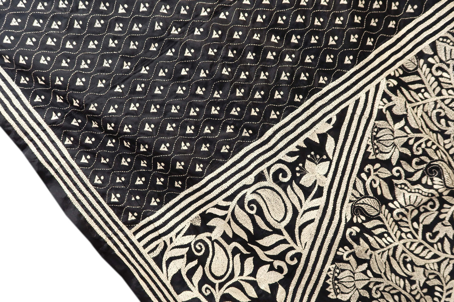 Black & White Kantha Hand-Embroidered Saree