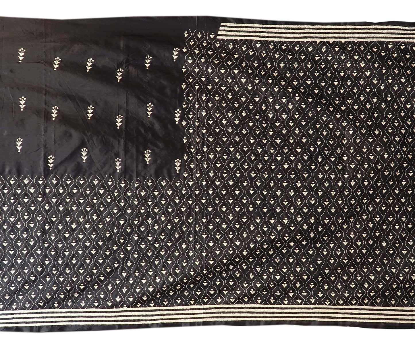 Black & White Kantha Hand-Embroidered Saree