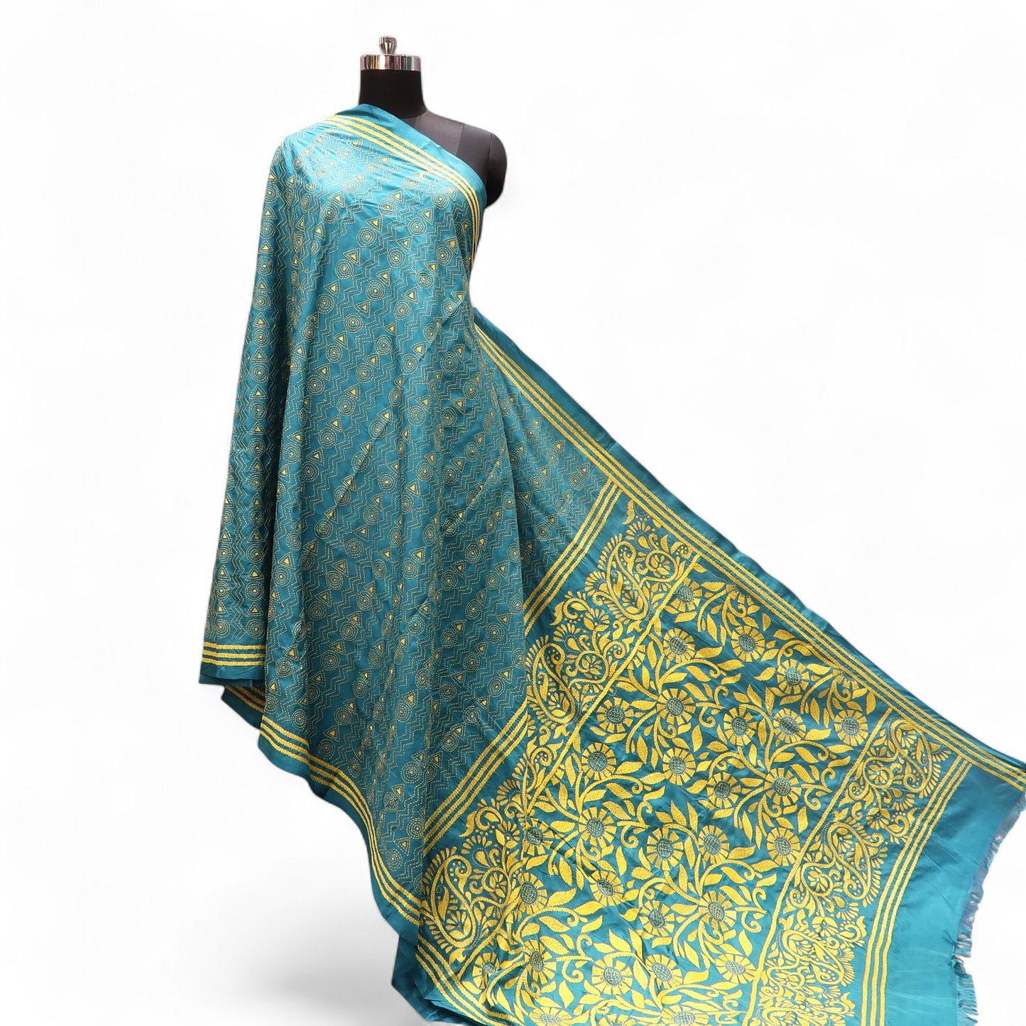 Teal Green Kantha Embroidered Saree with Yellow Threadwork
