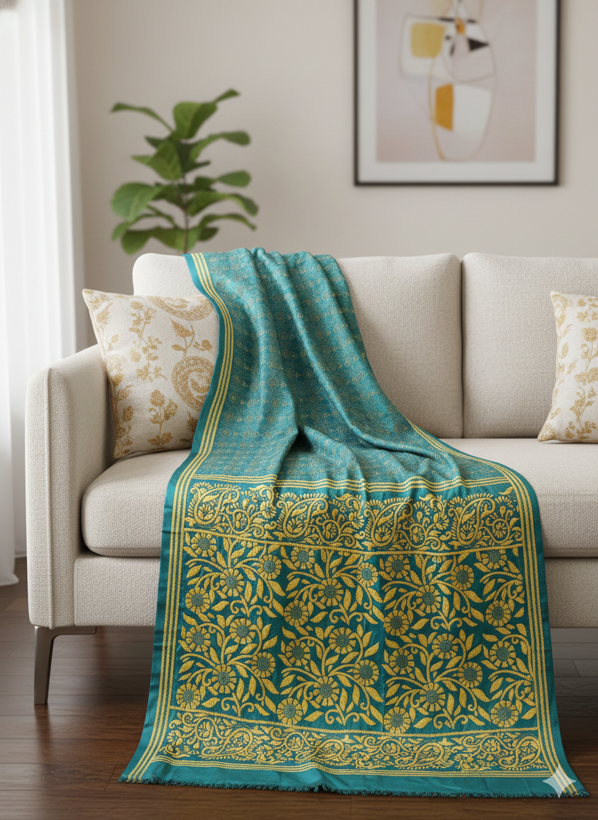 Teal Green Kantha Embroidered Saree with Yellow Threadwork