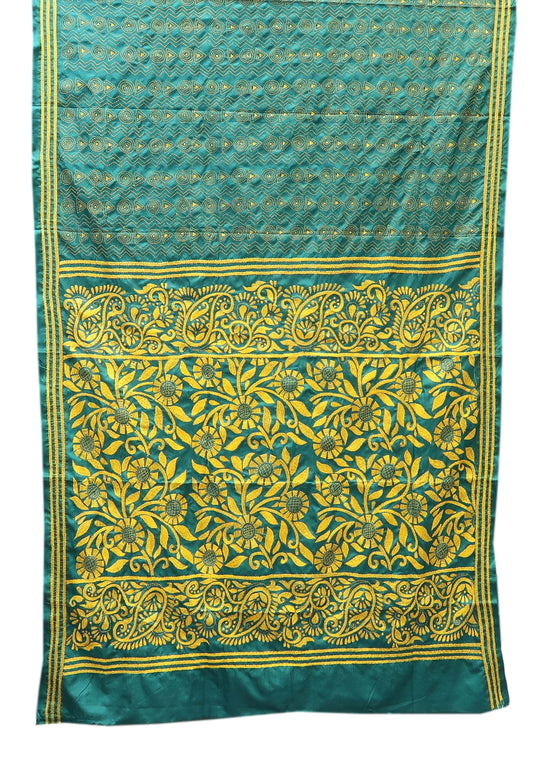 Teal Green Kantha Embroidered Saree with Yellow Threadwork