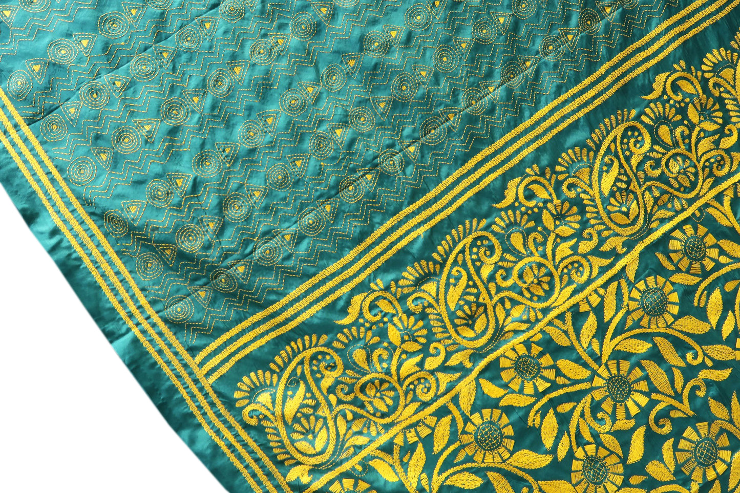 Teal Green Kantha Embroidered Saree with Yellow Threadwork