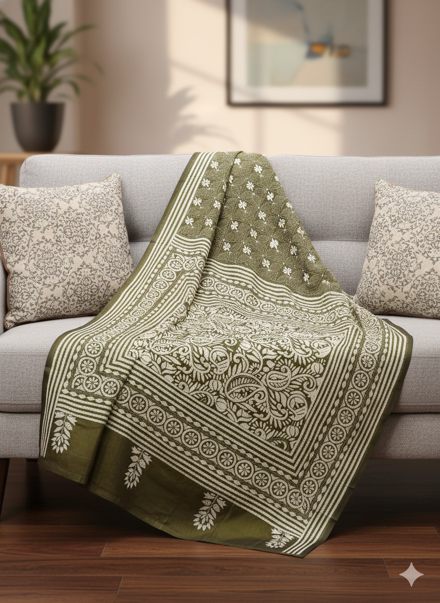Olive Green Kantha Stitch Saree with Ivory Motifs