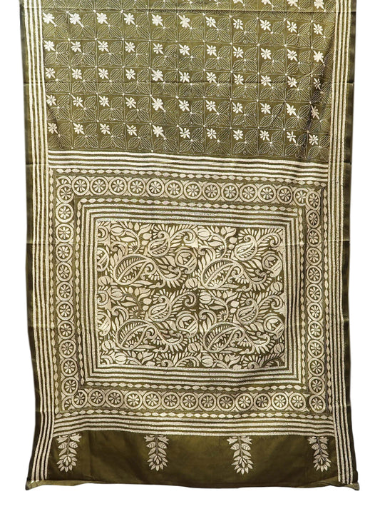 Olive Green Kantha Stitch Saree with Ivory Motifs