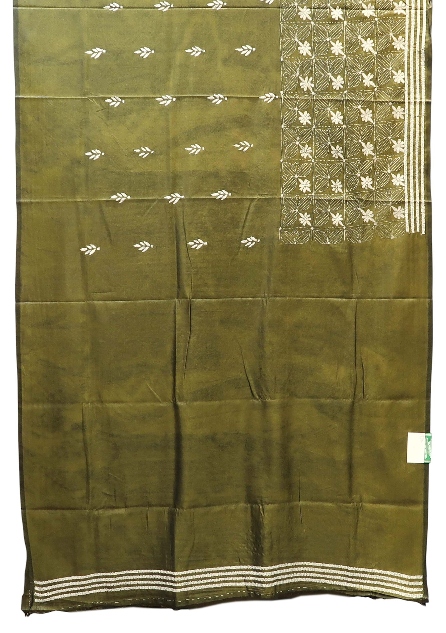 Olive Green Kantha Stitch Saree with Ivory Motifs