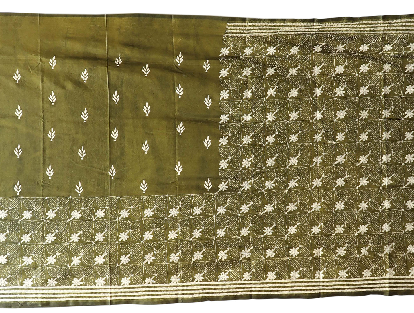 Olive Green Kantha Stitch Saree with Ivory Motifs
