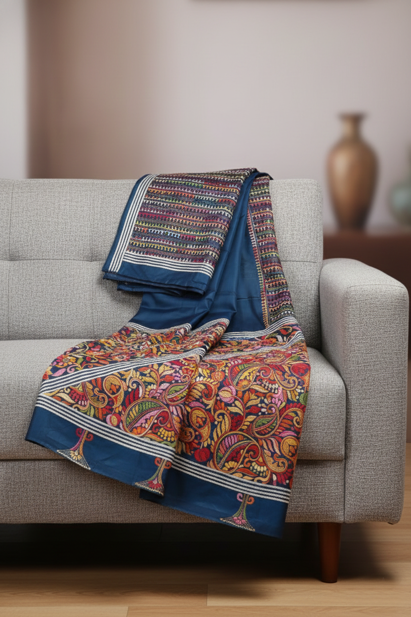 Midnight Blue Kantha Saree with Multicolour Pallu