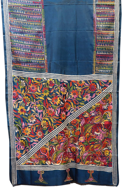 Midnight Blue Kantha Saree with Multicolour Pallu