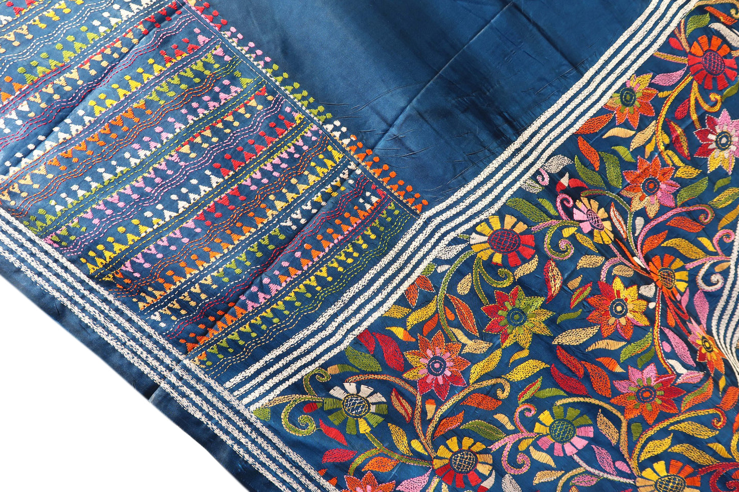 Midnight Blue Kantha Saree with Multicolour Pallu