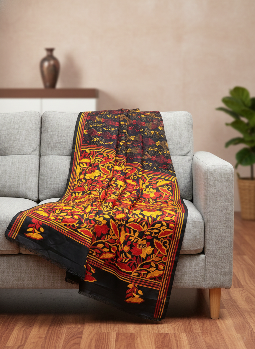 Black Kantha Embroidered Saree with Red & Yellow Accents