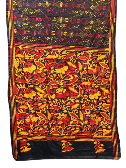 Black Kantha Embroidered Saree with Red & Yellow Accents