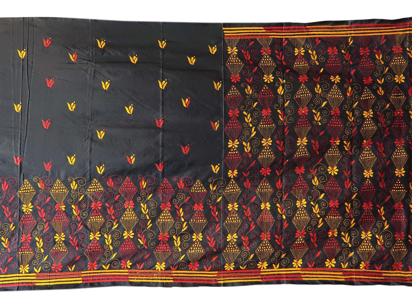Black Kantha Embroidered Saree with Red & Yellow Accents