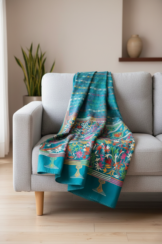 Teal Blue Kantha Saree with Multicolour Floral Pallu