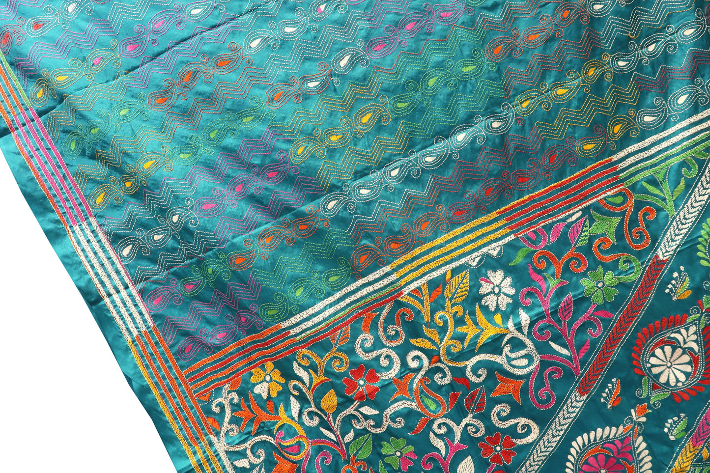 Teal Blue Kantha Saree with Multicolour Floral Pallu