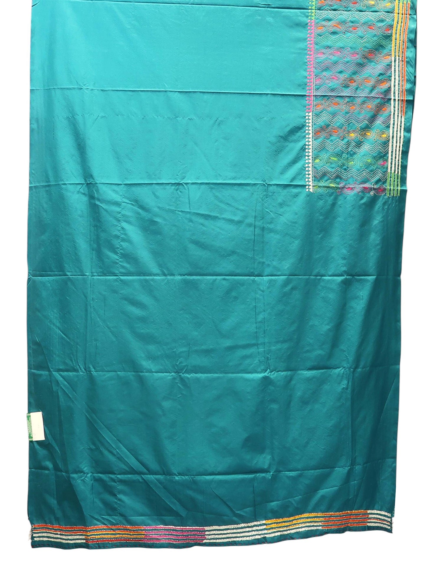 Teal Blue Kantha Saree with Multicolour Floral Pallu
