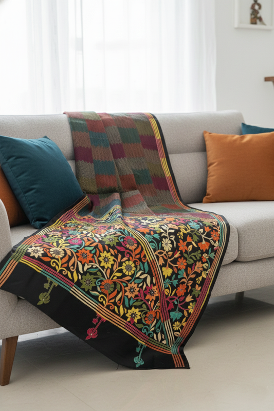 Black Katha Saree with Multicolour Floral Border