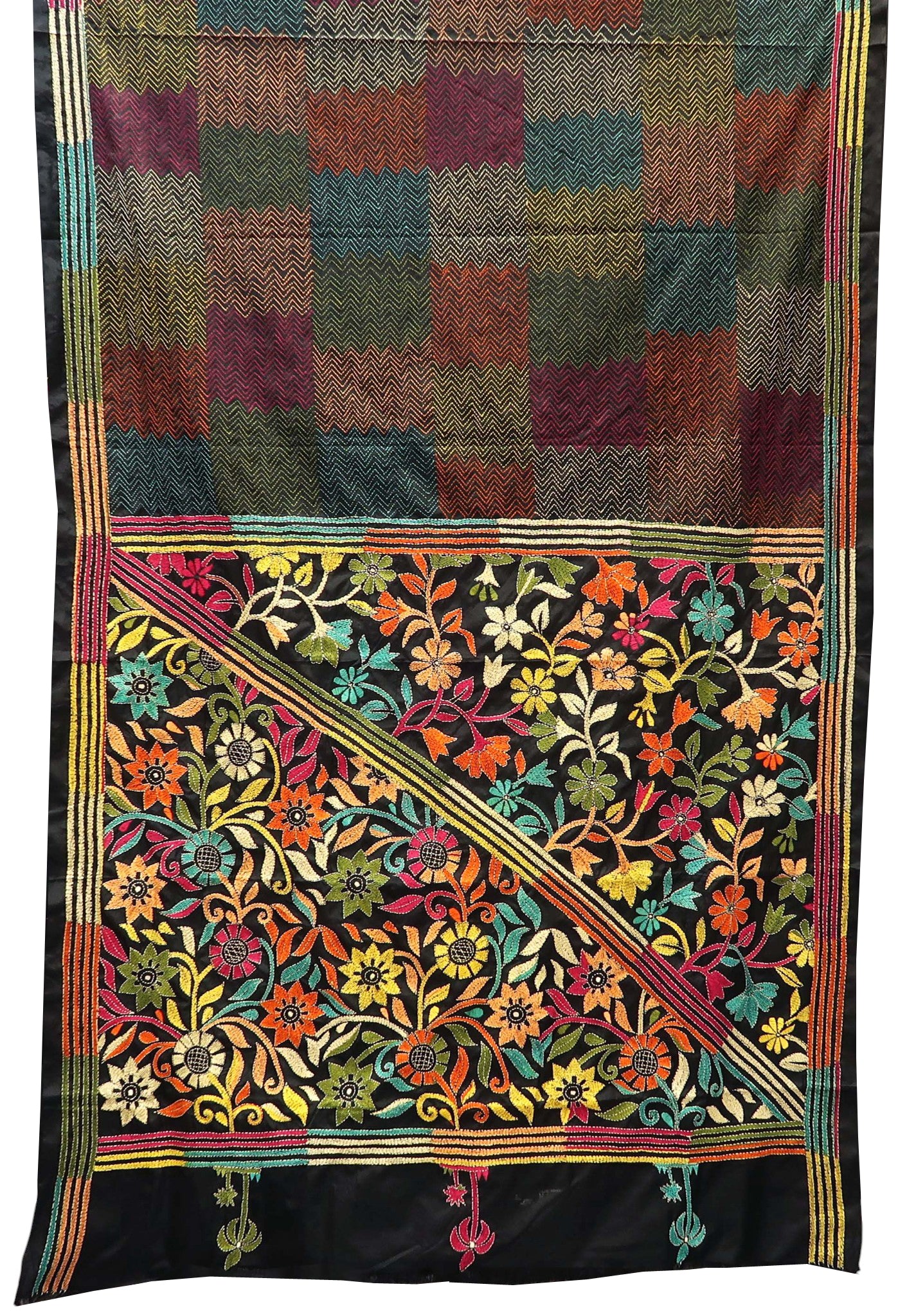 Black Katha Saree with Multicolour Floral Border