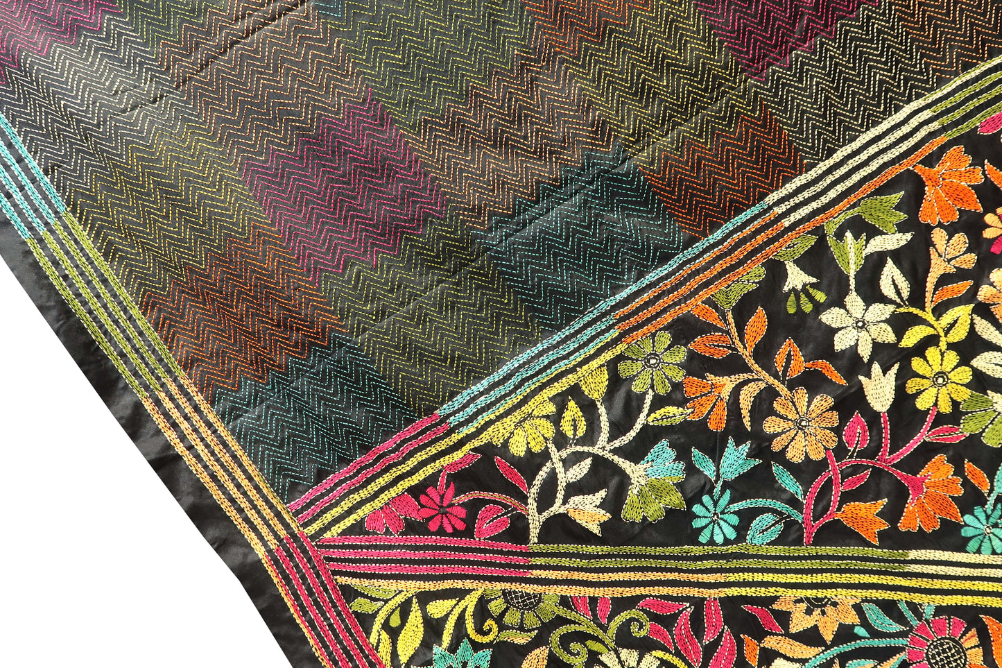 Black Katha Saree with Multicolour Floral Border