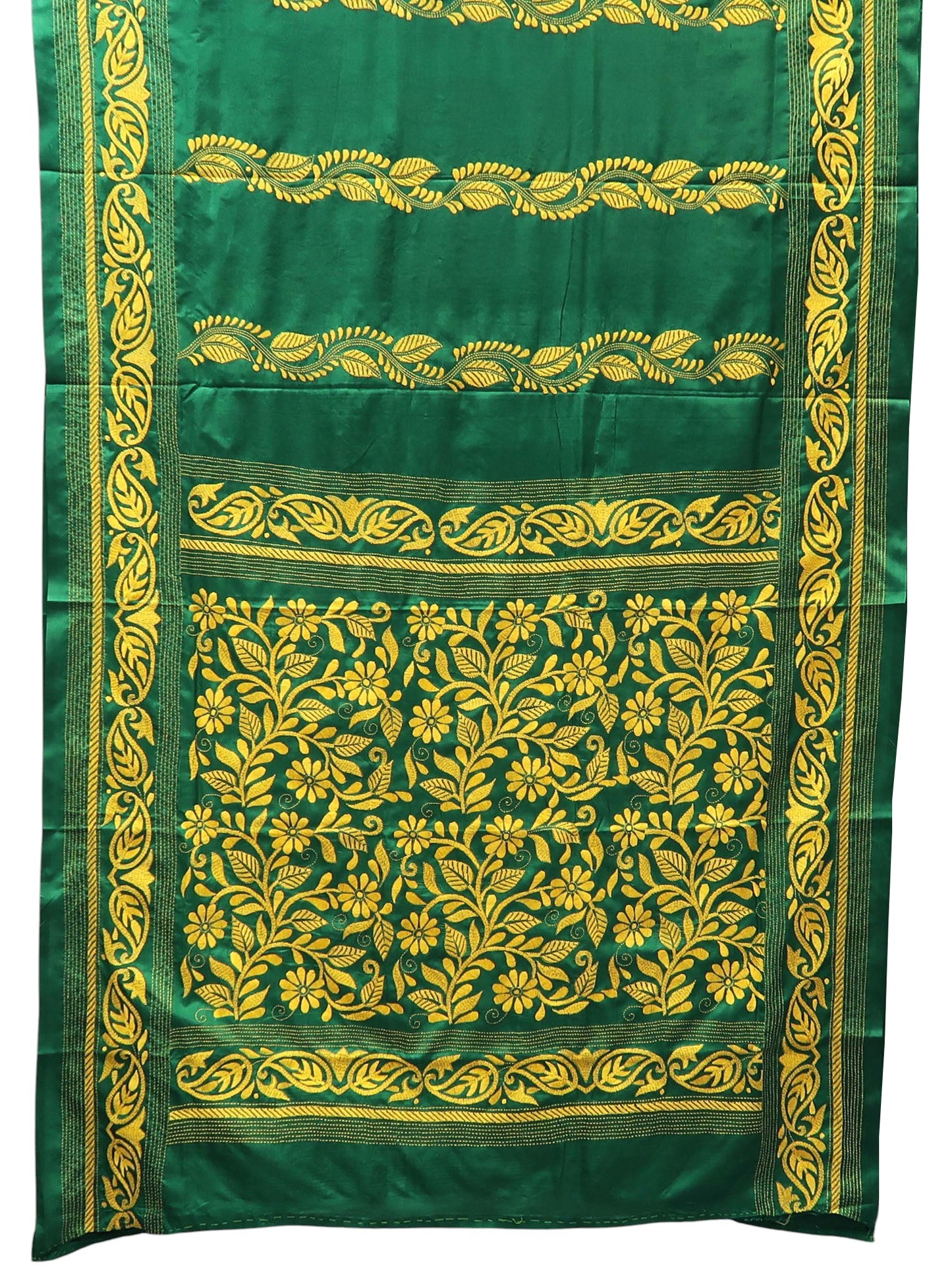 Emerald Green Kantha Embroidered Saree with Yellow Motifs