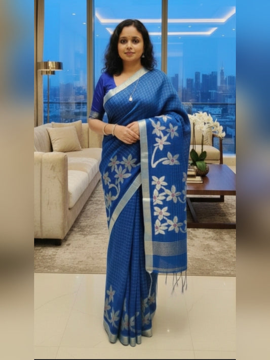 Pure Linen Saree with Floral Jaal Work & Checks Weave