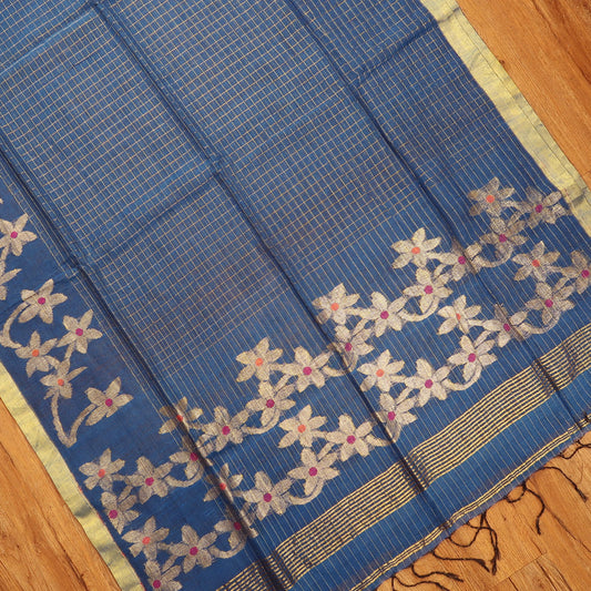 Pure Linen Saree with Floral Jaal Work & Checks Weave