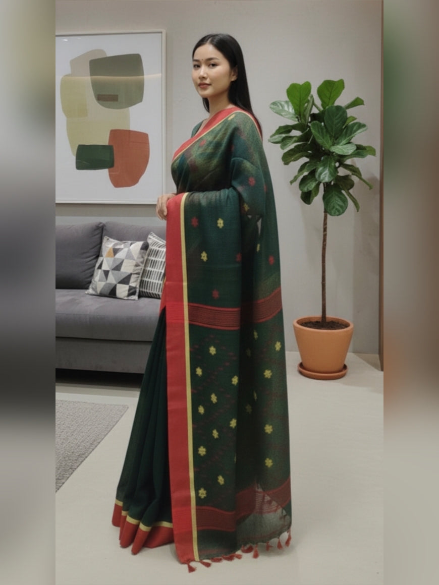 Designer Linen Saree with Dense Pallu Motifs & Golden-Edged Border