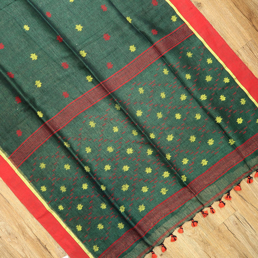 Designer Linen Saree with Dense Pallu Motifs & Golden-Edged Border