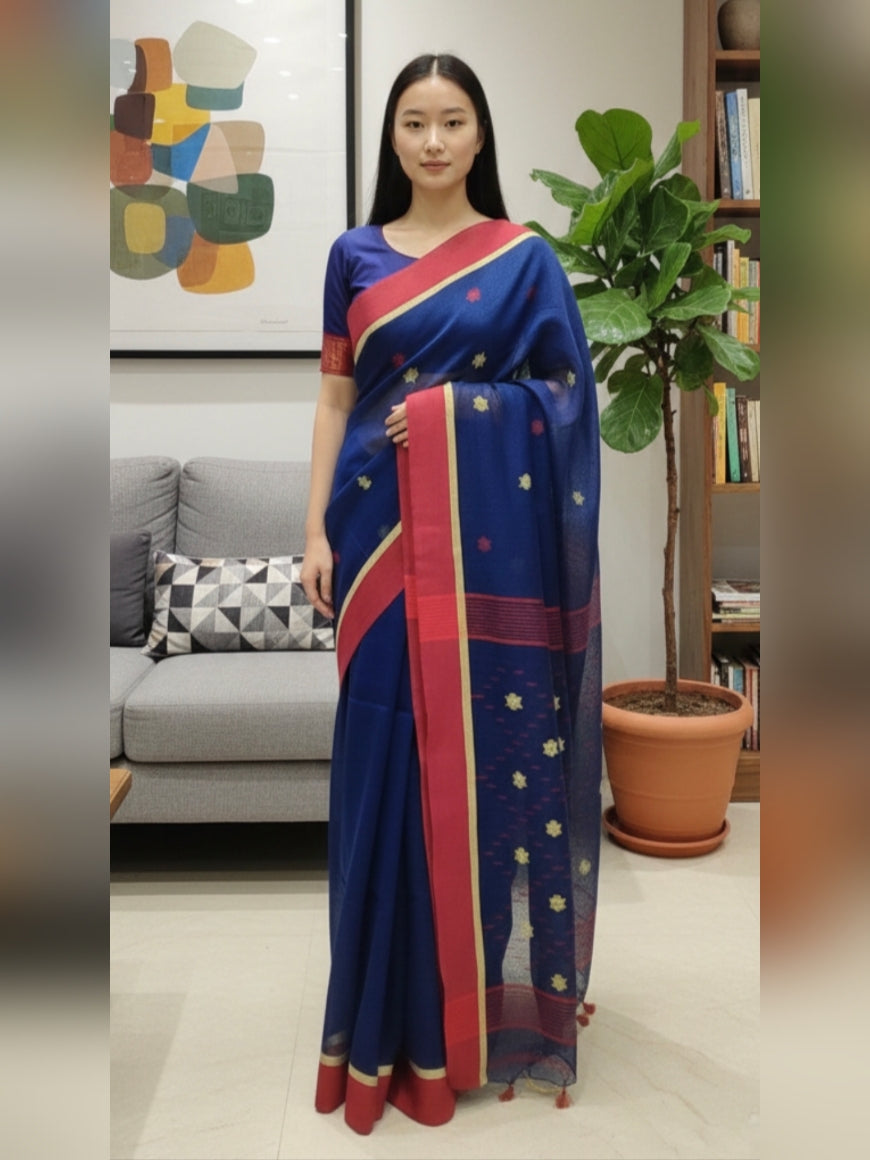 Designer Linen Saree with Dense Pallu Motifs & Golden-Edged Border