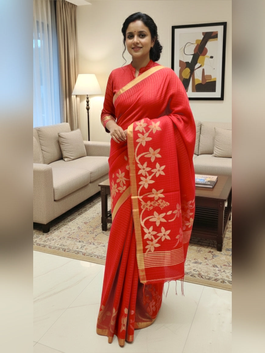 Pure Linen Saree with Floral Jaal Work & Checks Weave