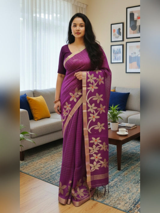 Pure Linen Saree with Floral Jaal Work & Checks Weave