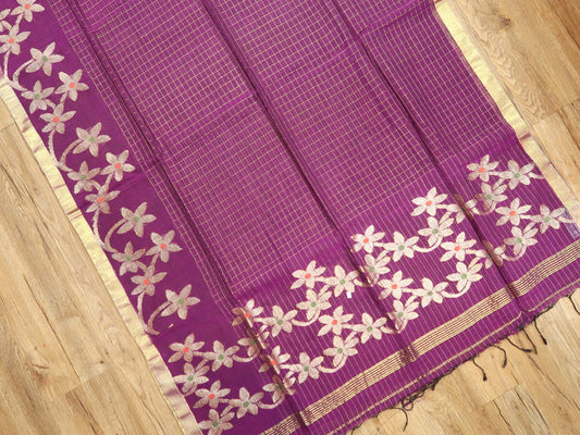 Pure Linen Saree with Floral Jaal Work & Checks Weave