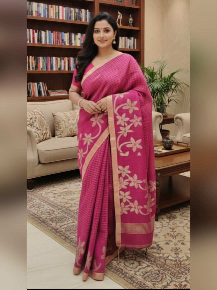 Pure Linen Saree with Floral Jaal Work & Checks Weave