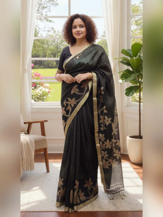 Pure Linen Saree with Floral Jaal Work & Checks Weave