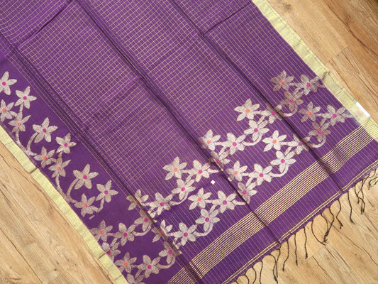 Pure Linen Saree with Floral Jaal Work & Checks Weave