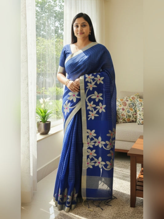 Pure Linen Saree with Floral Jaal Work & Checks Weave