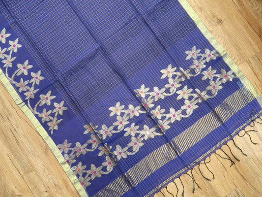 Pure Linen Saree with Floral Jaal Work & Checks Weave