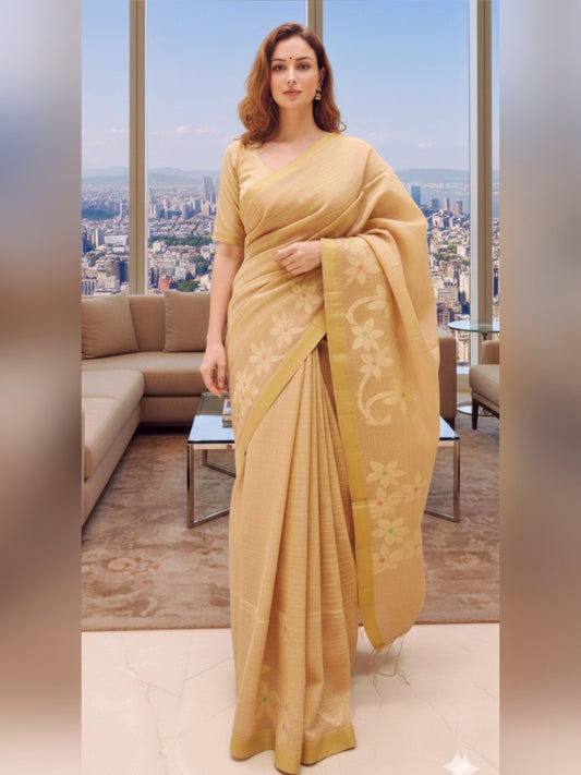 Pure Linen Saree with Floral Jaal Work & Checks Weave