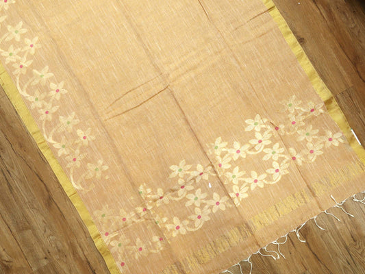 Pure Linen Saree with Floral Jaal Work & Checks Weave