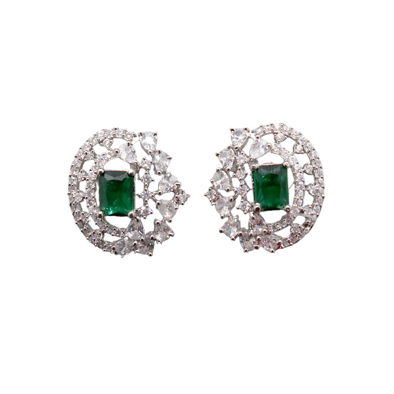 Emerald Crescent Halo CZ Stud Earrings
