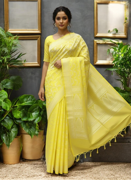 Semi-Mushru Banarasi Saree in Lemon Yellow with White Resham Jaal