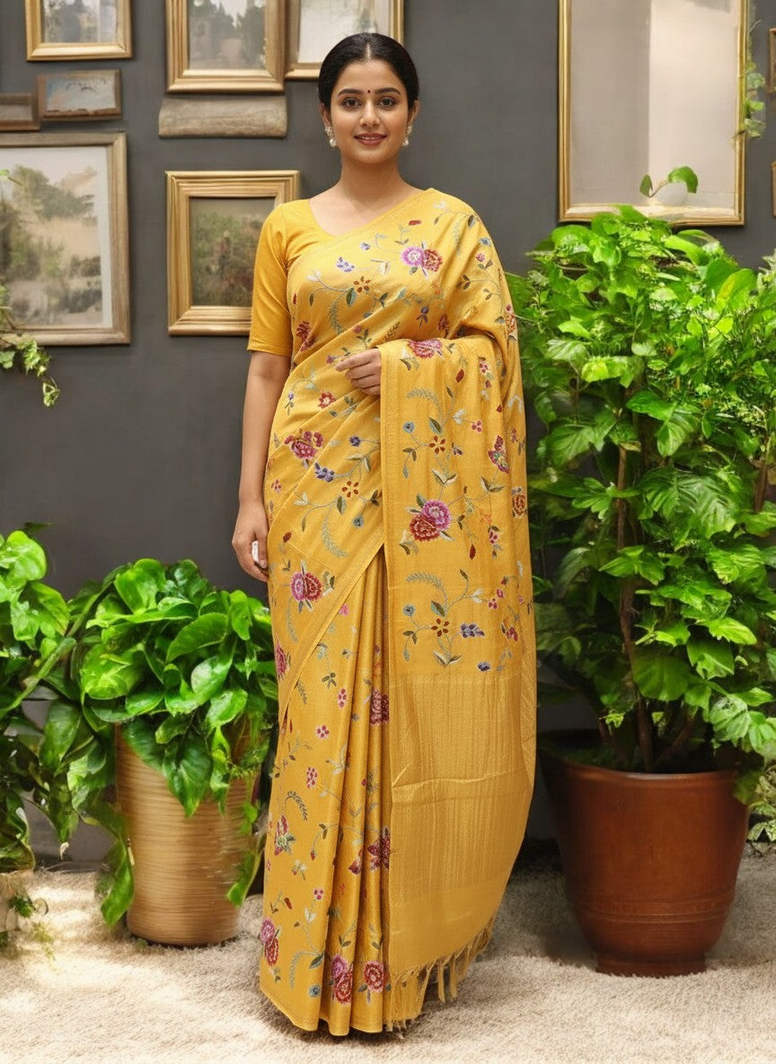 Pure  Tussar Silk Saree with All-Over Cross-Stitch Embroidery