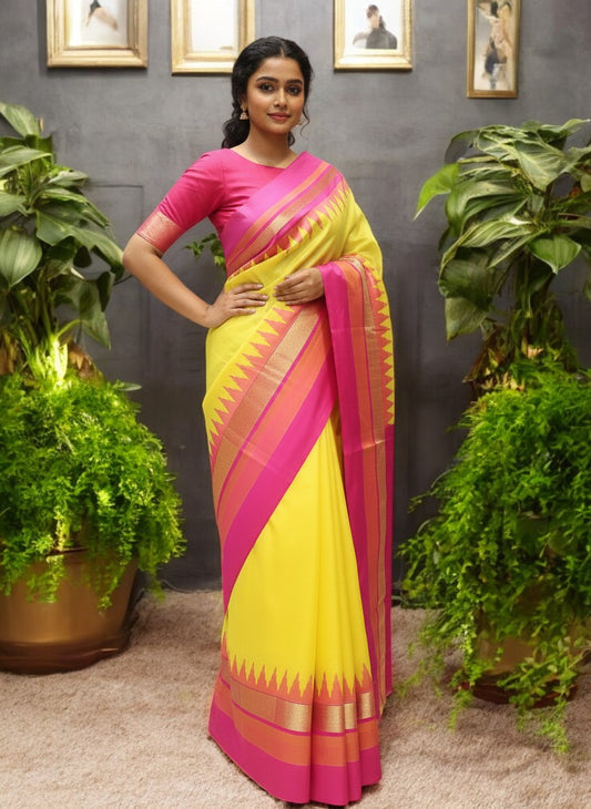 Pure Pochampalli Silk Saree in Lemon Yellow with Magenta Contrast