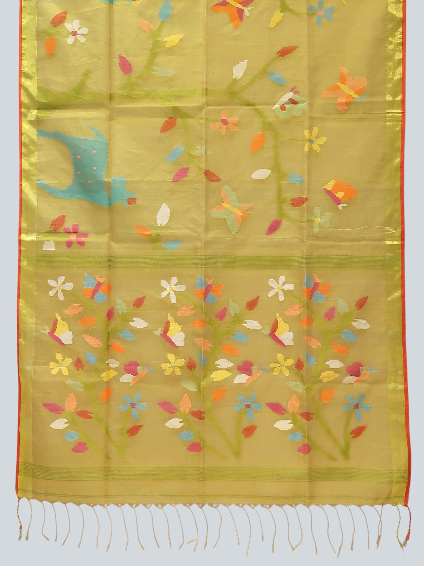 Pure Muslin Jamdani Saree with Multicolor Floral & Deer Motifs