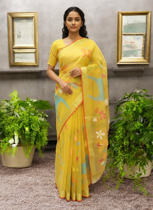 Pure Muslin Jamdani Saree with Multicolor Floral & Deer Motifs