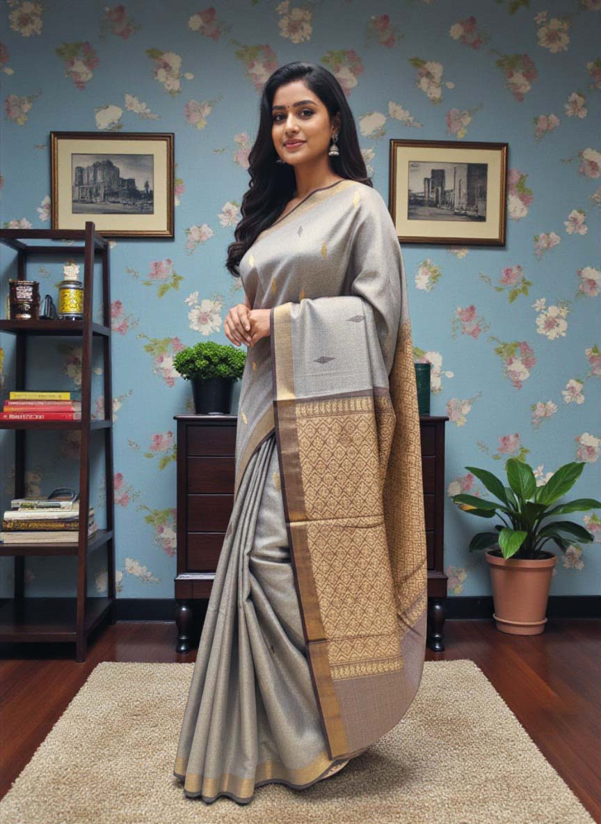 Tussar Silk Saree with Zari Border and Woven Anchal